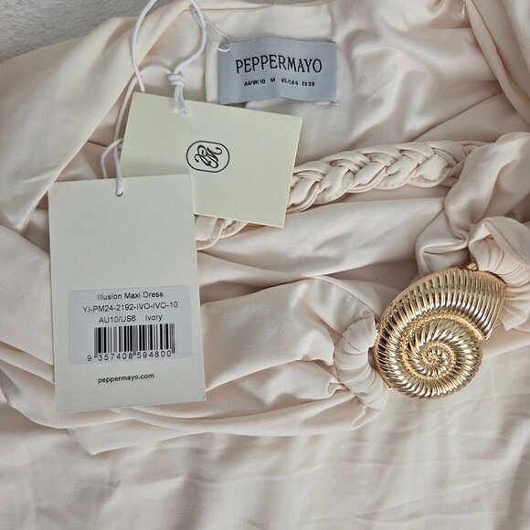 Peppermayo Illusion Maxi Dress Medium NWT Ivory Gold Shell Off Shoulder Bridal - Picture 10 of 15